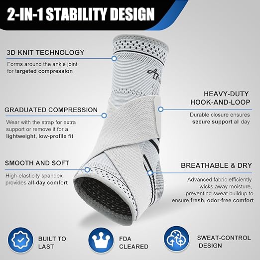 ABIRAM Ankle Brace for Men & Women - Adjustable Compression Sleeve with Wrap, Ion-Matrix Support for Sprained Ankle, Plantar Fasciitis, Achilles Tendonitis Relief - Breathable Gear for Running, Sports