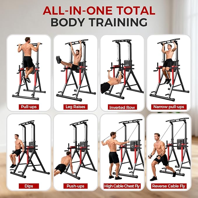 Power Tower Pull Up Bar Free Standing - 13-Level Adjustable Height Dip Station with X-Frame Stability, Multi-Grip Handles, Backrest, Anti-Slip Foot Pads - Home Gym Strength Training Equipment