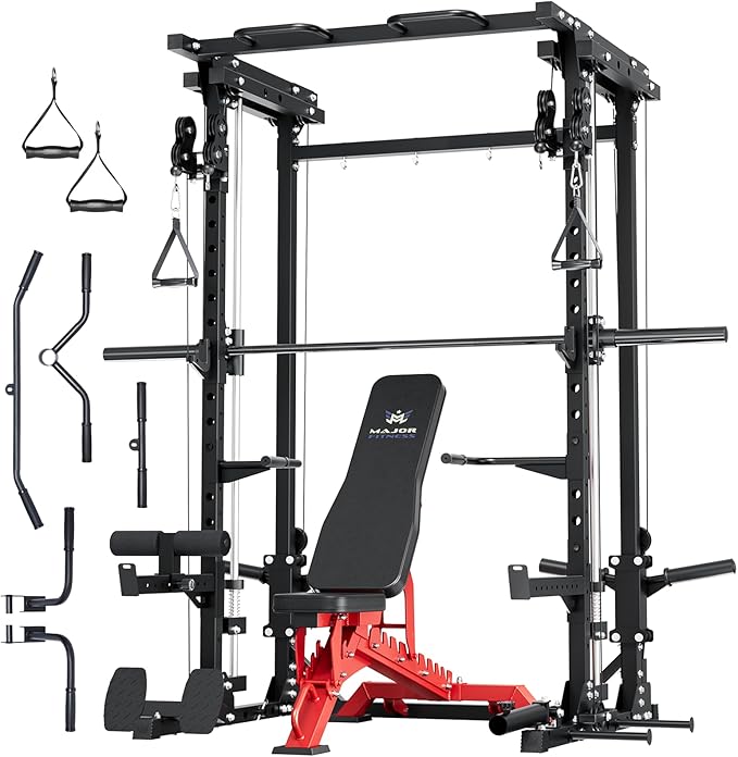 MAJOR FITNESS Drone3 Smith Machine, 2500lbs All-in-One Home Gym Power Rack with Dual Pulley System for Cable Crossover, Pull-Up Bars