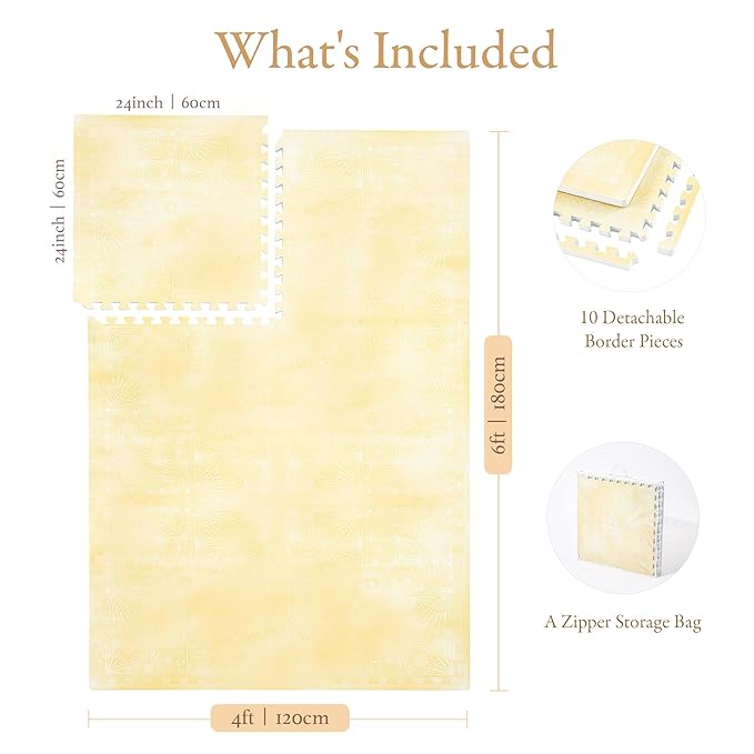 PopsyKosy Premium Baby Floor Play Mat - Thick & Cushioned 0.5 inch Playroom Foam Mat, Non-Toxic Odorless - 6 Tiles - Spacious 6x4 ft. - Stylish & Large, Waterproof for Kids & Toddlers - Champagne Yellow