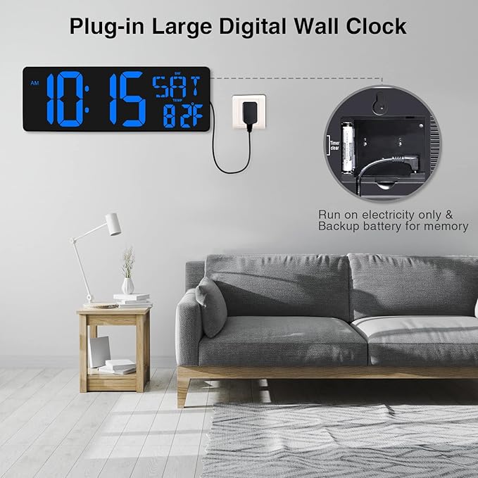 XREXS Large Digital Wall Clock with Remote Control, 16.5 Inch LED Large Display Count Up & Down Timer, Adjustable Brightness Plug-in Alarm Clock with Day/Date/Temperature for Home, Gym, Office
