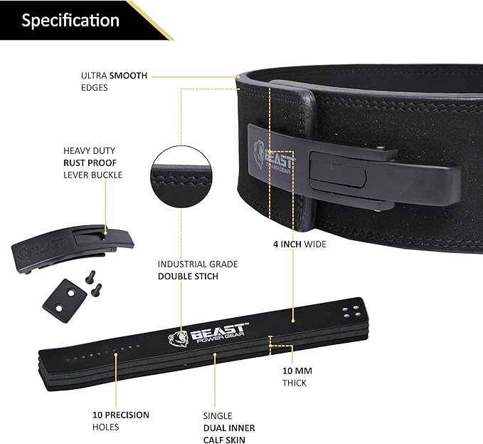 Beast Power Gear Weight Lifting Belt Lever Buckle 10MM 13MM Thick & 4 Inches Free Strap Weightlifting, Powerlifting, Deadlifts, Squats Men Women