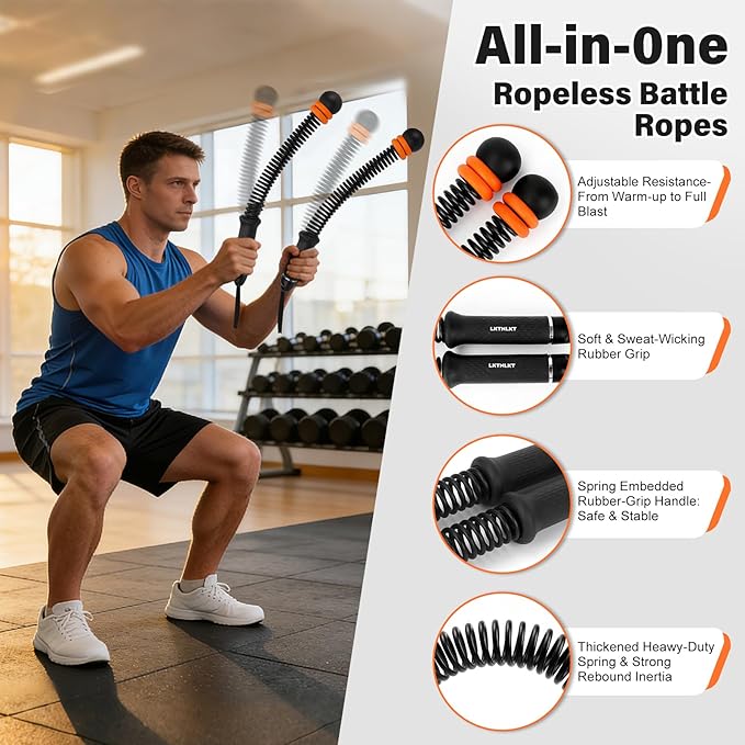 Weighted Ropeless Battle Ropes Adjustable Weight - Portable Cordless Battle Ropes for Home Gym with Workout Poster, Strength Building, HIIT & Low-Impact Cardio Training for Men & Women (Black/Orange)