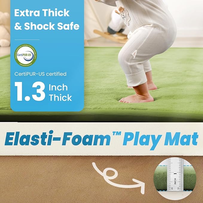 1.3" Thick Baby Floor Play Mat, 59x79 Padded Foam Tummy Time Crawling Mat, Non-Slip Water-Repellent Soft Plush Nursey Area Rug for Playroom Living Room (Olive Green)