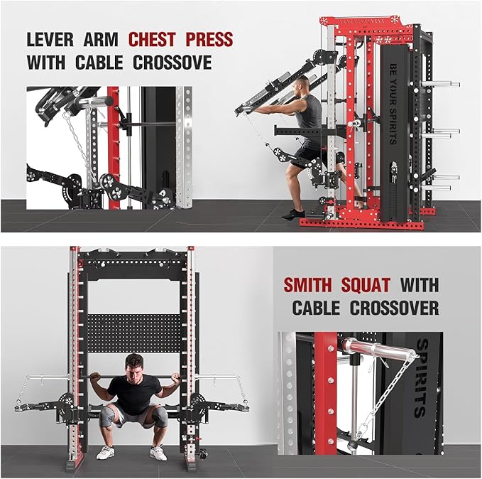 Commercial Smithe Machine with Dual Weight Stacks, Power Cage Squat Rack with Lever Arm & Leg Press Attachment, Multi-Function Linear Bearing Cable Crossover Machine for Home Gym