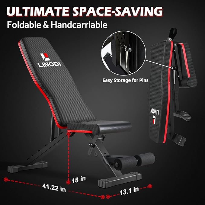 LINODI Adjustable Weight Bench for Home Gym，Foldable Incline Decline Flat Workout Bench for Full Body Strength Training, Dumbbell Press & Ab Exercises