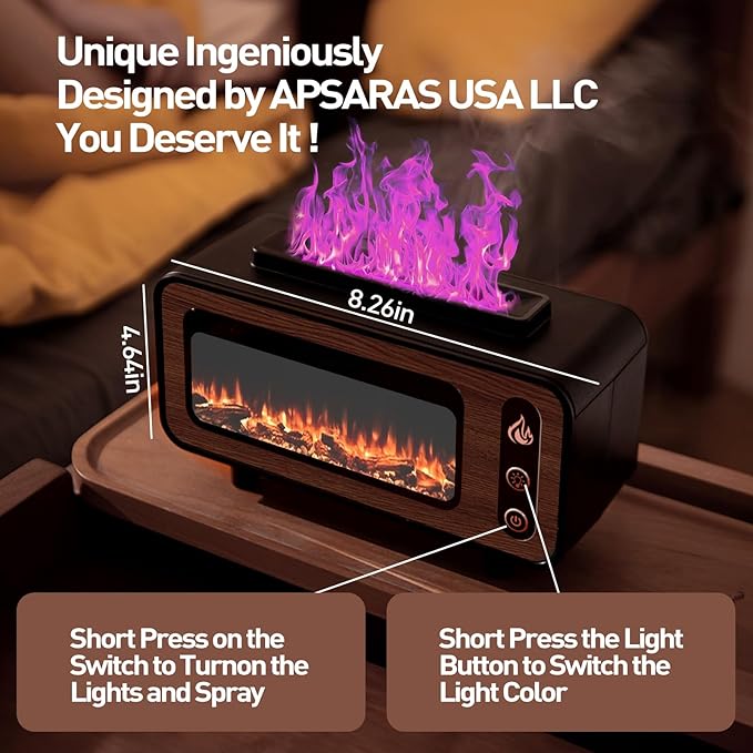 APSARAS USA Aroma Diffuser, Essential Oil Diffuser, Fireplace Flame Air Humidifier Diffuser, 7 Colors Aromatherapy Diffuser with Timer, Humidifiers for Bedroom,Yoga,Gym,200ml(Black)