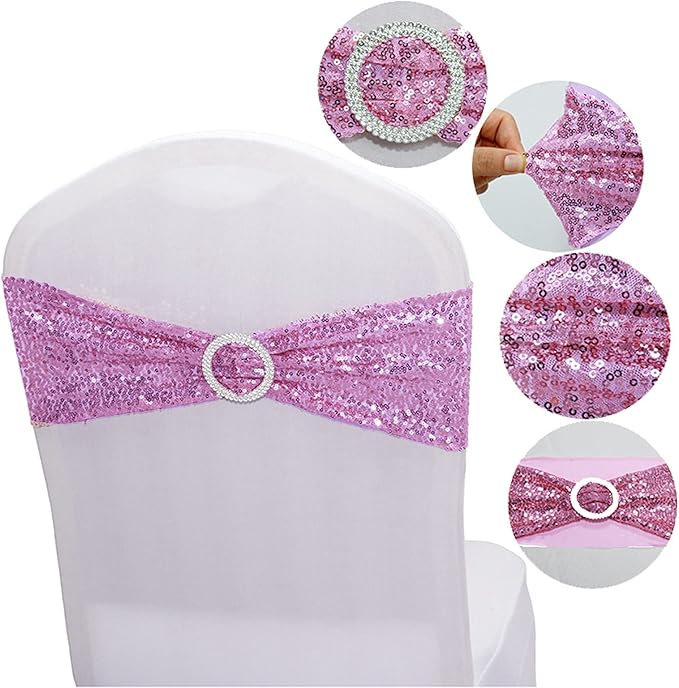 Dimatic 50 PCS Stretch Sequin Chair Sashes Chair Stretchy Spandex Bands for Wedding Reception Events Banquets Chairs Decoration (Purple)
