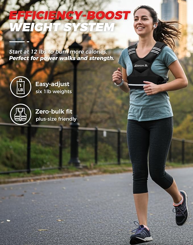 BAGAIL Adjustable Weighted Vest 4-10lb/12-18lb/20-32lb, Comfortable X-Shape & U-Neck Weight Vest for Women and Men Walking with 6 Removable Weights, Large Pocket and Reflective Strips
