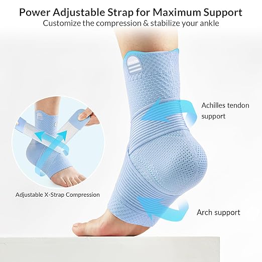 ZOELION Ankle Brace Compression Support with Removable Fishnet Strap, 3D Knit Plantar Fasciitis Relief Achilles Tendonitis Brace, Ankle Compression Sleeve for Pain Relief & Injury Healing, Blue/M