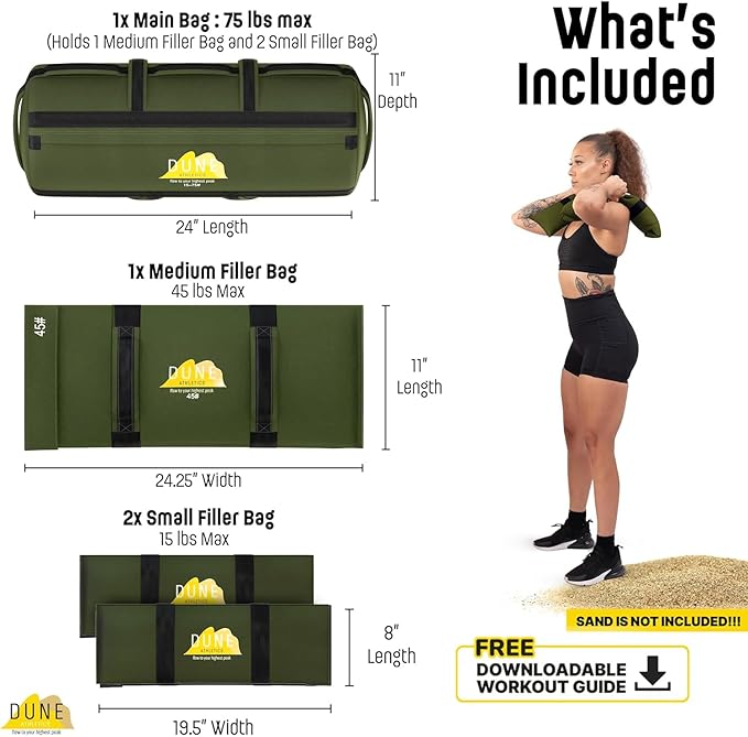 Sandbags for Working Out (Unfilled) - Enhance Your Fitness with Our Workout Sandbag, Versatile & Durable Sand Bags for Weight Training 15-75 lbs - Sandbags for Fitness Guide Included