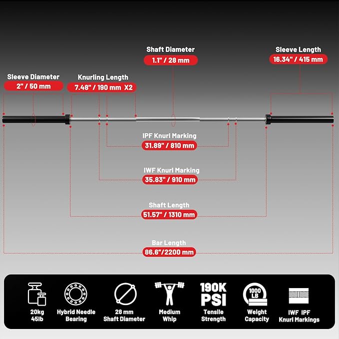 7FT Olympic Barbell 45 lb Barbell 2 INCH 1000lbs/1500lbs Capacity Olympic Bar with Moderate Knurling For Squats Curls Deadlifts