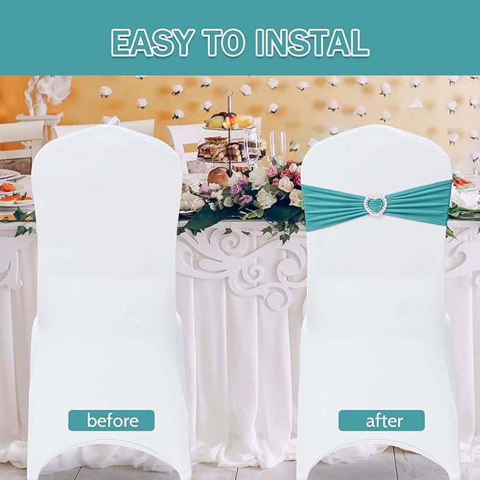 Howhic Pack of 30 Spandex Chair Sashes Bows Stretch Chair Cover Band with Buckle Slider Universal Elastic Chair Ties for Wedding Banquet Party Event Decoration (Turquoise)