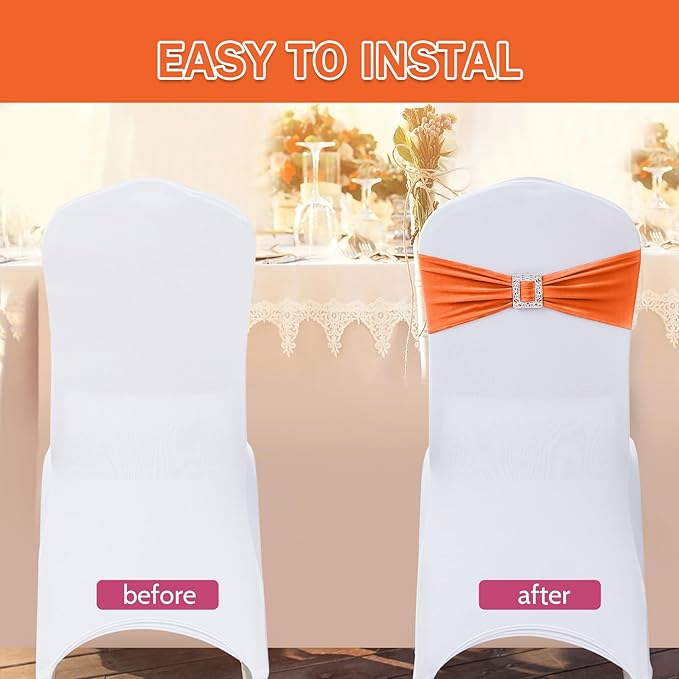 Joccun 120 PCS Spandex Chair Sashes Bows Stretch Chair Cover Band with Buckle Slider Universal Elastic Chair Ties for Wedding Banquet Party Event Decoration (Orange)