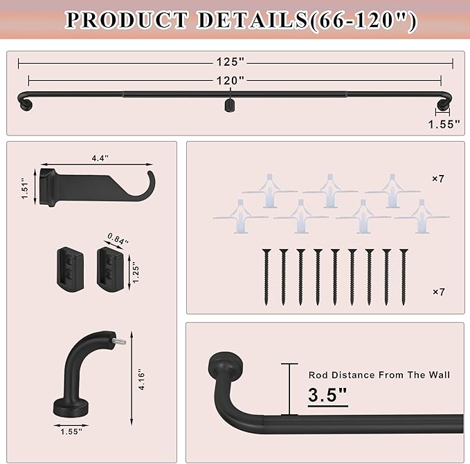 Black Curtain Rods, 66-120" Wrap Around, Aluminum, 1 Inch Diameter, 50 lb Capacity, Blackout, Room Darkening
