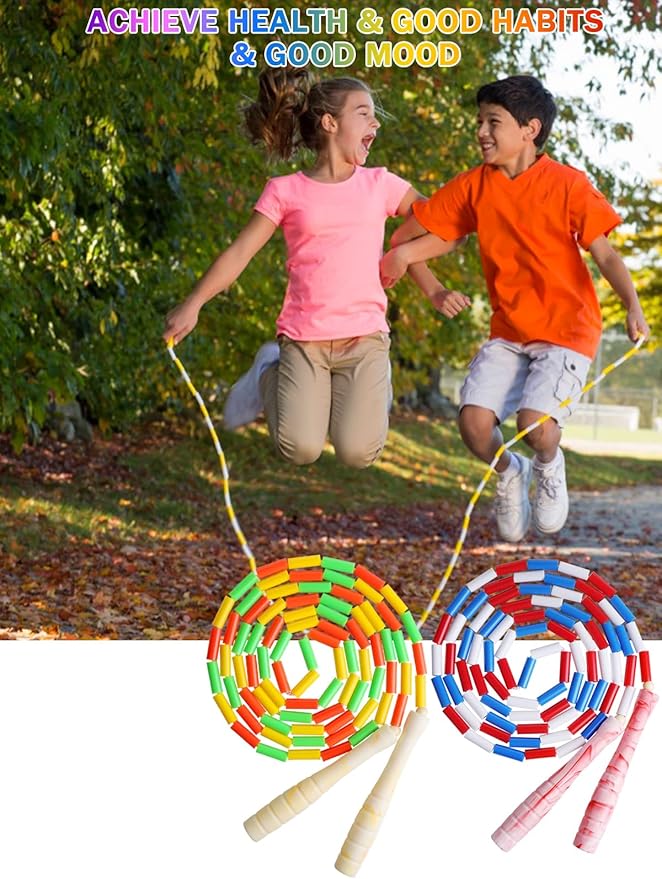Fezog 2 Pack Rainbow Beaded Kids Jump Rope, Segmented Skipping Rope for Kids Adults, Tangle-Free Rope Skipping Child Jump Rope for Fitness Exercise Training