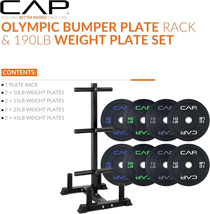 CAP 2-inch Olympic Bumper Plate Weight Set | 100-370 lbs | Multiple Colors | Storage Rack Optional