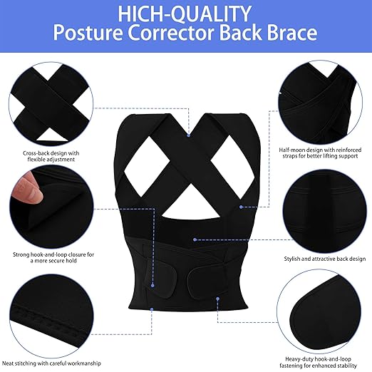 Posture Corrector for Women and Men Plus Size Full Back Support Brace Straightener Scoliosis Spine Upper Back Pain Relief Adjustable Shoulder Instant Posture Corrector with Hunchback (Black, XX-Large)