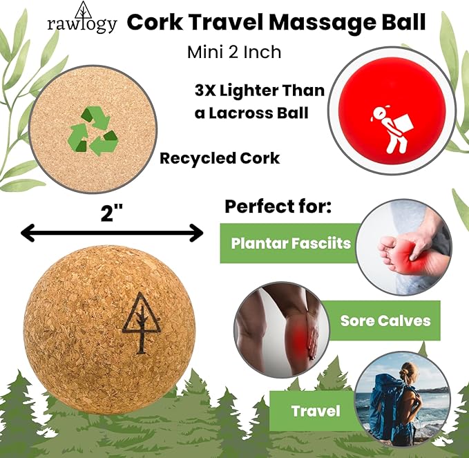 Travel Cork Massage Ball | Lightweight, Sustainable Alternative to Lacrosse Ball for Muscle Pain Relief (2 Piece Assortment, Sanded Cork)