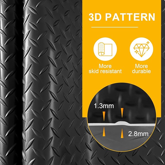 4x6FT Garage Floor Mat, 2.8mm Thickened Flooring Roll for Under Car, Golf Cart Parking Mat, Diamond Plate PVC Rubber Motorcycle Mat, Non-Slip Floor Protector for Garage Warehouse Trailer, Black