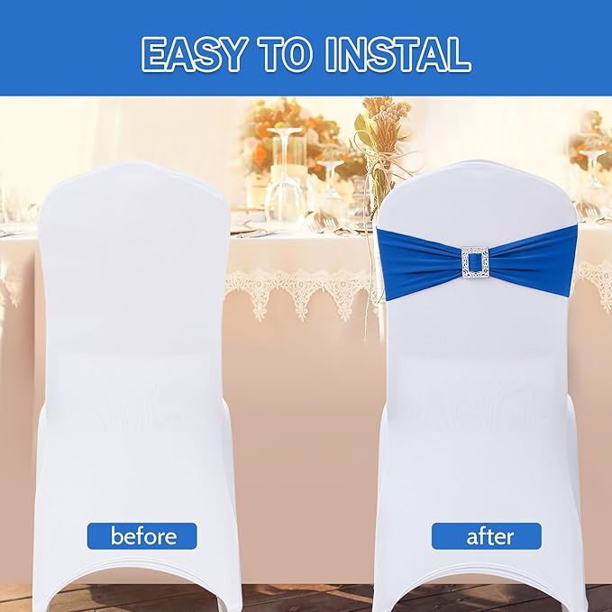 Joccun 60 PCS Spandex Chair Sashes Bows Stretch Chair Cover Band with Buckle Slider Universal Elastic Chair Ties for Wedding Banquet Party Event Decoration (Royal Blue)
