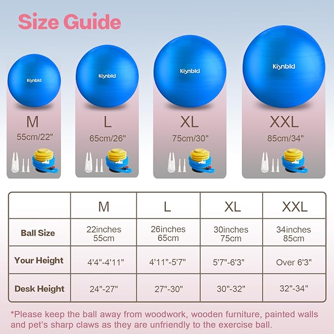 kisnbld Exercise Ball, Extra Thick Yoga Ball for Workout Pregnancy Stability, 4 Sizes Anti-Burst Balance Ball with Foot Pump - Heavy Duty Fitness Ball Chair for Office, Home & Gym