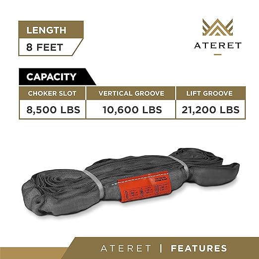 ATERET Powerlift Grey Polyester Endless Round Sling - 8 Feet Length, 10,600 lb. Vertical Capacity, 21,200 lbs Basket - Heavy Duty Poly Lifting Sling