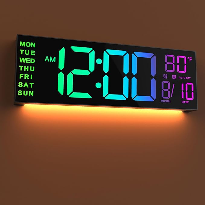 JALL 16.02'' Large Digital Wall Clock, Big LED Number Dispaly, RGB Colors, DST, Night Light for Classroom Living Room Bedroom Mounted Birthday Xmas Gift for Senior, Mem Womem