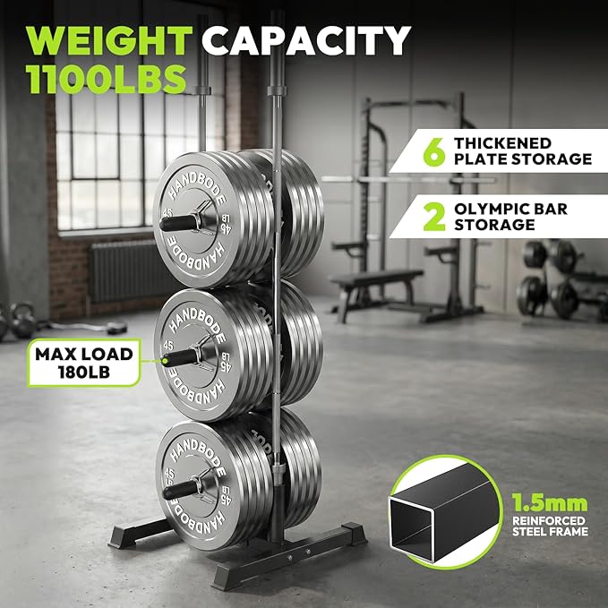 HANDBODE Weight Plate Rack with Barbell Storage, 6-Peg Vertical Holder for 1 or 2-Inch Plates, Heavy Duty 1100 lbs Capacity for Home Gym Organization