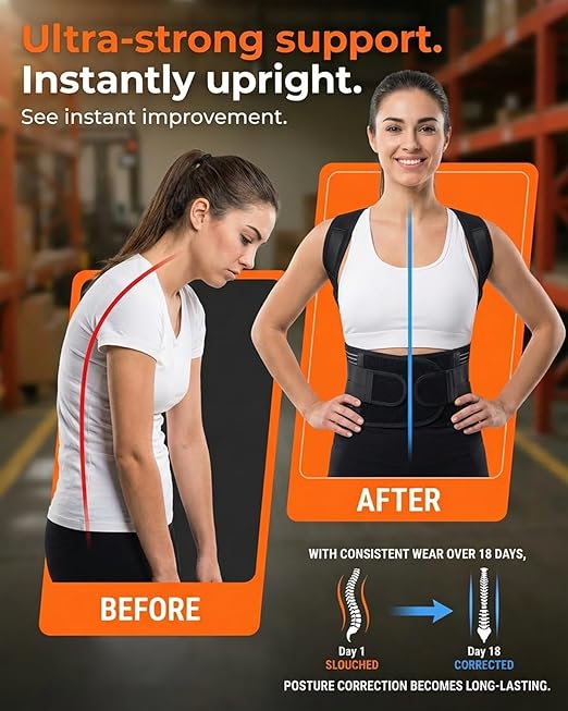 Posture Corrector for Women & Men, Back Brace Advanced Full Back Support for Upper & Lower Back Pain Relief, Spine, Neck, and Hump, X-Style Medical-Grade Lumbar Support System with Adjustable Shoulder Straightener and Breathable Design for Long Sitting...