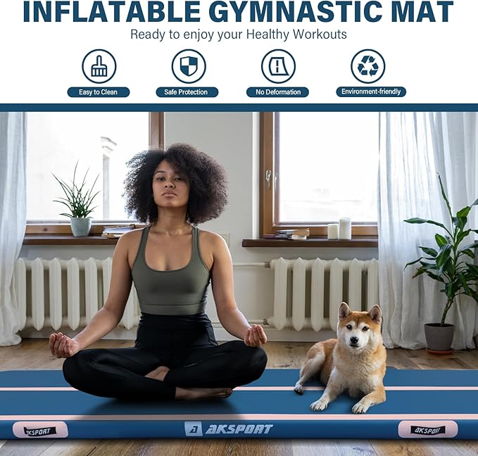 AKSPORT Gymnastics Air Mat Tumble Track Tumbling Mat Inflatable Floor Mats with Air Pump for Home Use/Tumble/Gym/Training/Cheerleading/Parkour/Beach/Park/Water