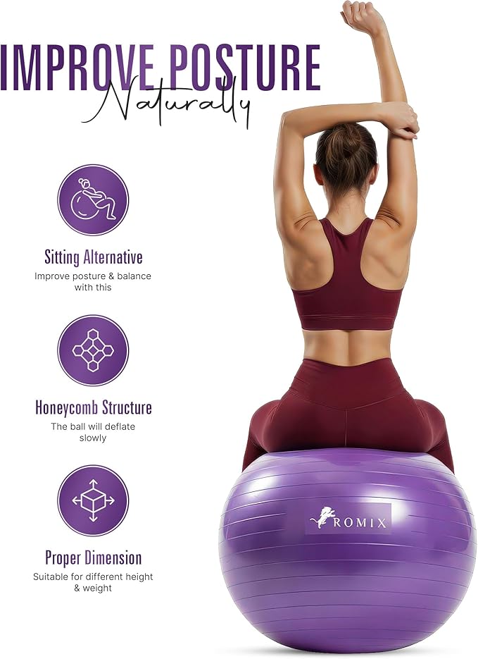 ROMIX Exercise Ball, Anti-Burst Extra Thick Birthing Pregnancy Ball with Pump, Fitness Swiss Yoga Balls 22in/26in/30in (55cm 65cm 75cm) Exercise Balls Physical Therapy for Pilates Home Gym