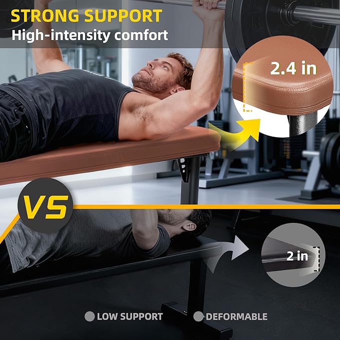 Flat Weight Bench, 2.4 Inch Thick Pad Workout Bench 660 LBS Bench Press Exercise Equipment for Home Gym Strength Weight Training