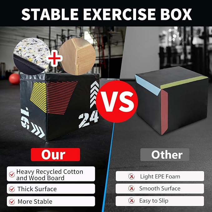 GarveeHome Plyometric Jump Box for Home Gym, 3-in-1 Adjustable Height (16/20/24 Inch) Soft Plyo Box with Anti-Slip PVC Cover - Strength Training for Beginner to Advanced