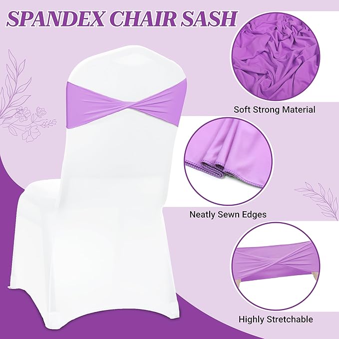 MDS Pack of 100 Spandex Chair Sashes Bows Elastic Stretch Dining Chair Bands Ties Without Slider Buckle Universal fits for Wedding Baby Shower Birthday Party Banquet Event Decoration - Light Purple
