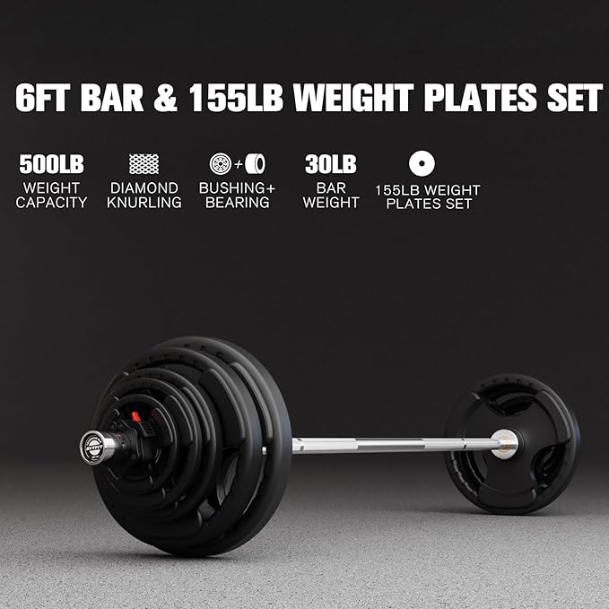 RitFit Barbell Weight Set - 4/6FT Olympic Barbell with Weight Plates (55-115LB Total) - Weightlifting Equipment for Squats, Curls, Deadlifts, Presses, Hip Thrusts