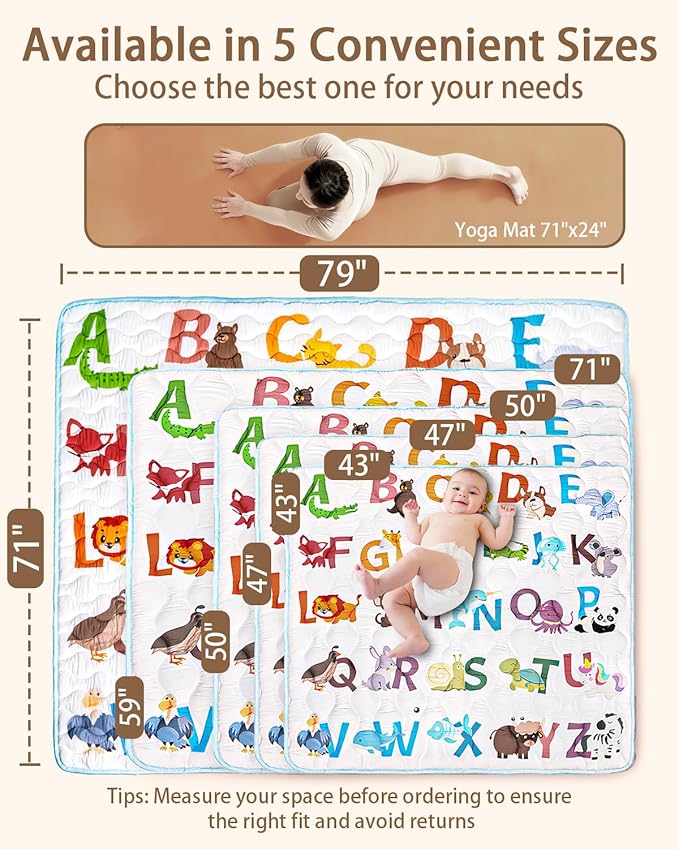 Baby Play Mat, 71x79 Mat with Super Soft Touch, Activity Mat with Upgraded Anti-Slip Bottom, Machine Washable Crawling Mat for Floor & Picnic(Animal Alphabets)