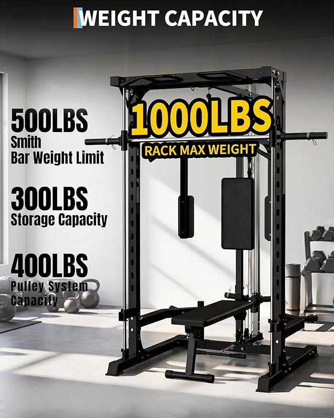 Garvee Smith Machine, Heavy Duty Power Cage Squat Rack with Smith Bar, LAT Pulldown System, Chest Station & More Training Attachment, Home Gym Equipment for Strengthen Training