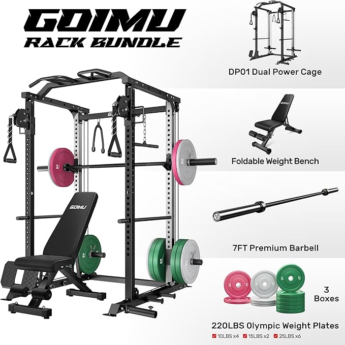 DP01 Power Cage, 2000LBS Squat Rack with with Cable Crossover and Dual Independent Pulley System, Full Cage for Full Body Training, Power Rack with More Training Attachments for Home Gym