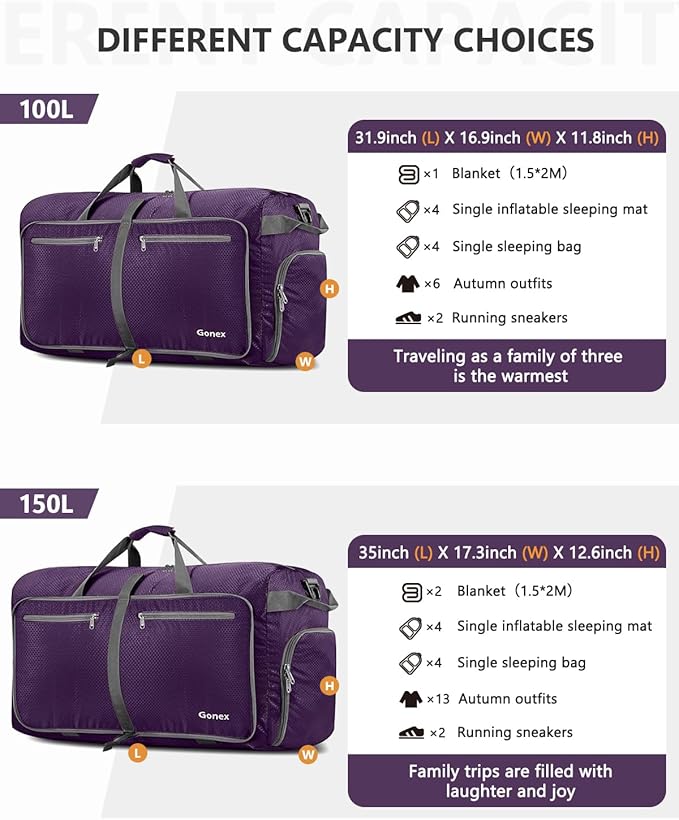 Gonex Large Foldable Travel Duffle Bag with Shoes Compartment, Packable Lightweight Water Repellent Duffel Bag for Camping Gym Weekender Bag