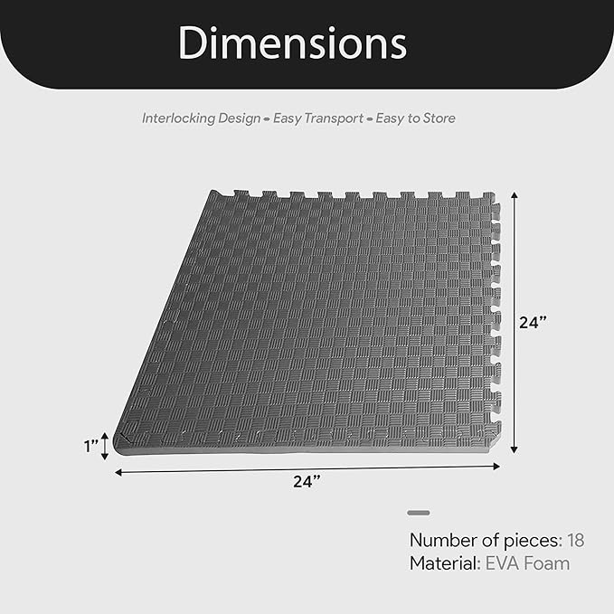 BalanceFrom Puzzle Exercise Mat 1' Thick, EVA Interlocking Foam Floor Tiles for Home Gym, Mat for Home Workout Equipment, Floor Padding for Kids, Gray, 24 in x 24 in x 1 in, 72 Sq Ft - 18 Tiles
