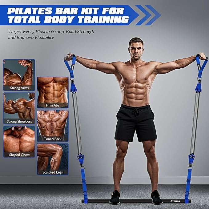Pilates Equipment, Heavy Duty Pilates Bar Kit with Resistance Bands, Portable Gym Adjustable Exercise Bands, Home Squat Training, Arm, Abs, Waist, Chest Strength Workout Equipment for Men