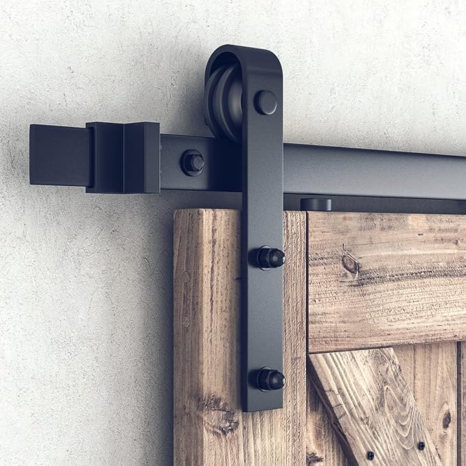 SMARTSTANDARD 7FT Sliding Barn Door Hardware Kit, Heavy Duty Track-Smoothly and Quietly-Includes Detailed Installation Instruction Fit 42" Wide Doorpanel (J Shape Hanger) Black