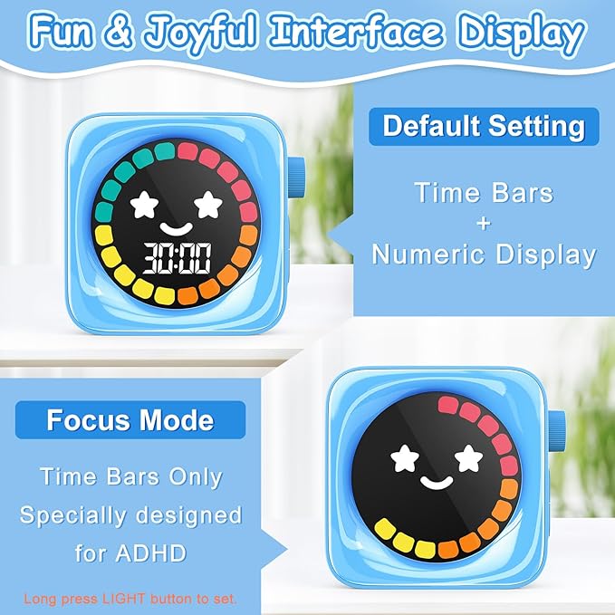 Visual Timer for Kids, 99 Minute Digital Cute Kids Visual Timer Classroom for Homeschool Supplies Study Teaching Time Management Tool Countdown & Stopwatch, 2 Pack Blue with Colorful Display