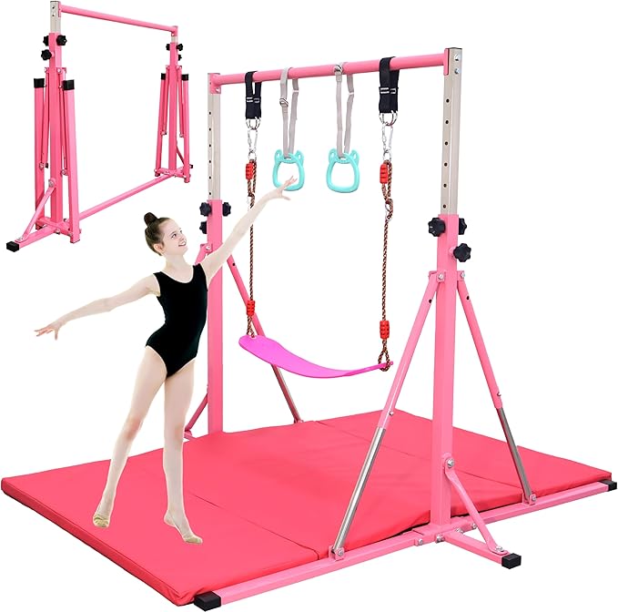 Foldable Gymnastics Bar,5FT Horizontal bar,Adjustable Kids Training bar for Kids Ages 3-15,Kids Gymnastics bar,Triangle Stable Structure-Gym Equipment for Home