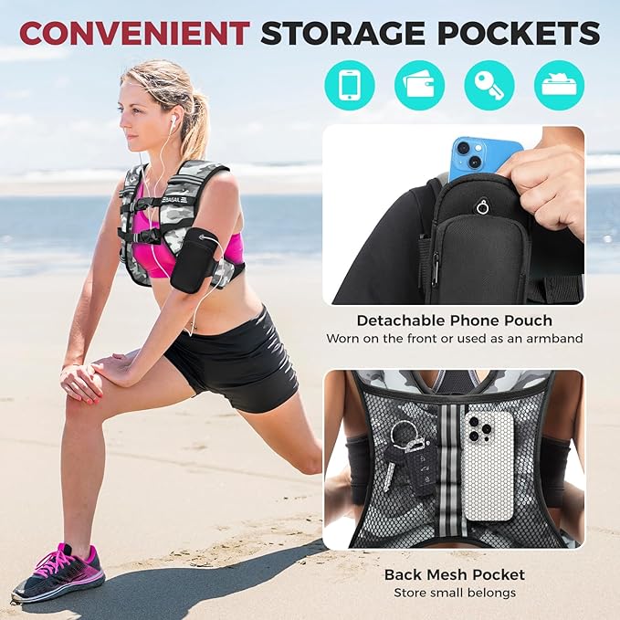BAGAIL Comfort-Fit Weighted Vest for Woman, Even Weight Distribution, Faster Weight Loss, No-Chafe or Bounce for Walking & Running with Detachable Phone Pouch & Reflective Stripes (Available 5-30lbs)