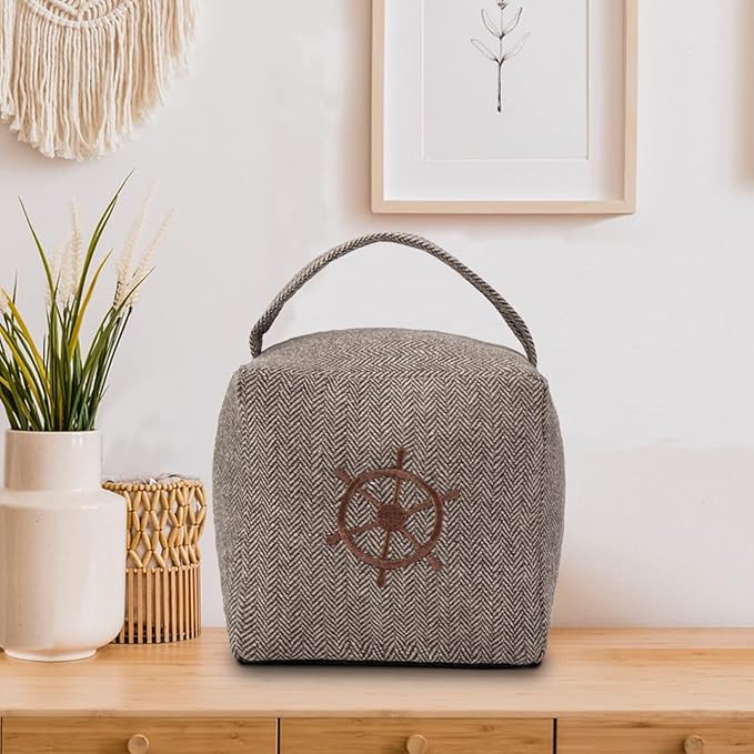 Marwood Fabric Door Stopper Decorative Door Stops for Home and Office, 4.4 pounds Weighted Interior Doorstop Heavy Duty Soft Door Stopper with Handle and Nautical Rudder Design - 6”x6 Brown