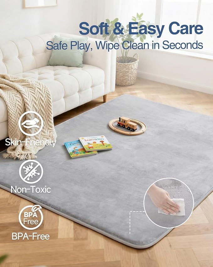 Thick Baby Play Mat for Floor,Padded Foam 59x39 Nursery Rug,Ultra Soft Support&Plush Feel Tummy Time Mat,Non Slip for Toddler,Infants,Kids Play,Yoga,Baby Crawling (Light Grey)