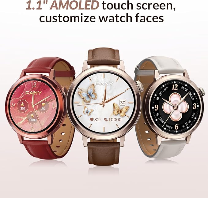 FANY Luna Smart Watch for Women, 1.1'' AMOLED Ultra-clear Display with Aluminum Case & Leather Band, Fitness Tracker Sleep/Heart Rate/SpO2/Step Monitor, 110+ Exercise Modes, FANY See the Vibe