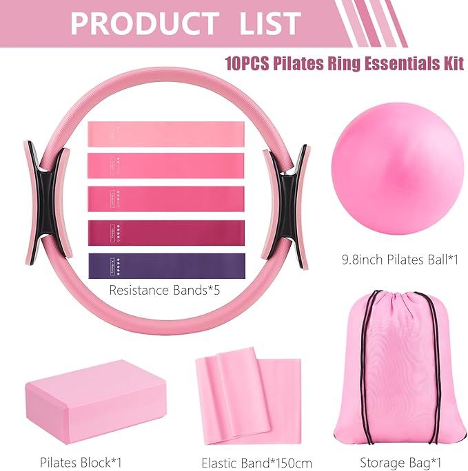 10 Pcs Pilates Equipment Present Pilates Ring Set with Yoga Ring Ball Stretching Strap Risistance Bands Block Gym Bag